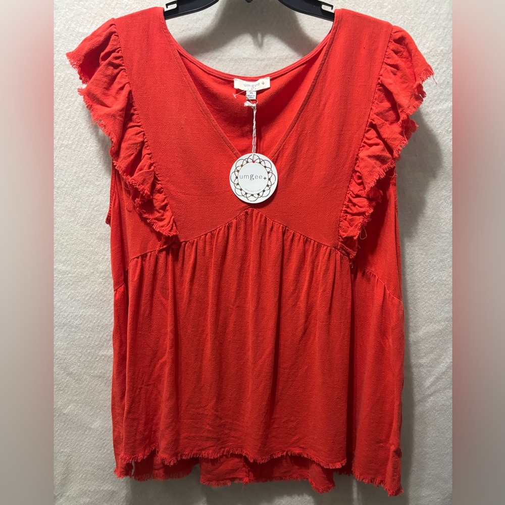 Umgee Women's 1X Orange Linen Frayed Ruffle Shirt